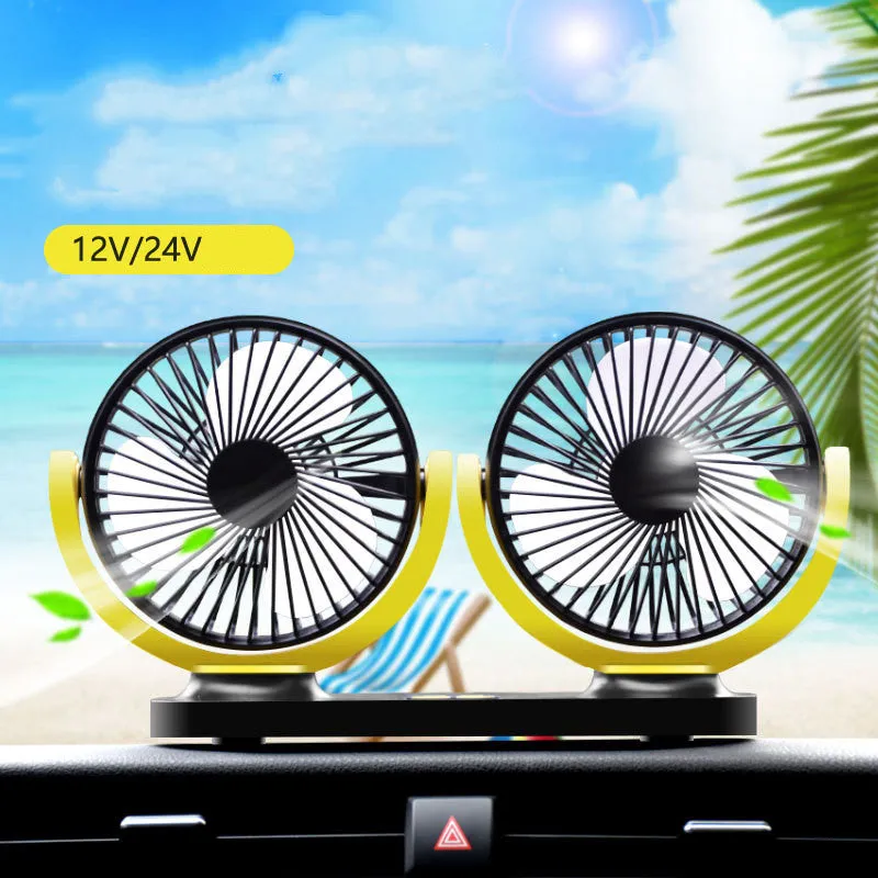 Black dual-head USB car fan with switches, 1.4m cable, ABS housing, 124x12x75mm