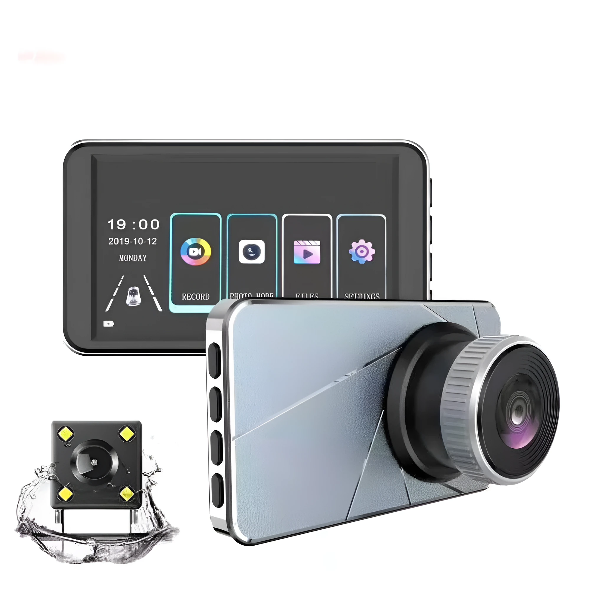 HD night vision front and rear car DVR recorder with aluminium alloy shell and suction cup mount