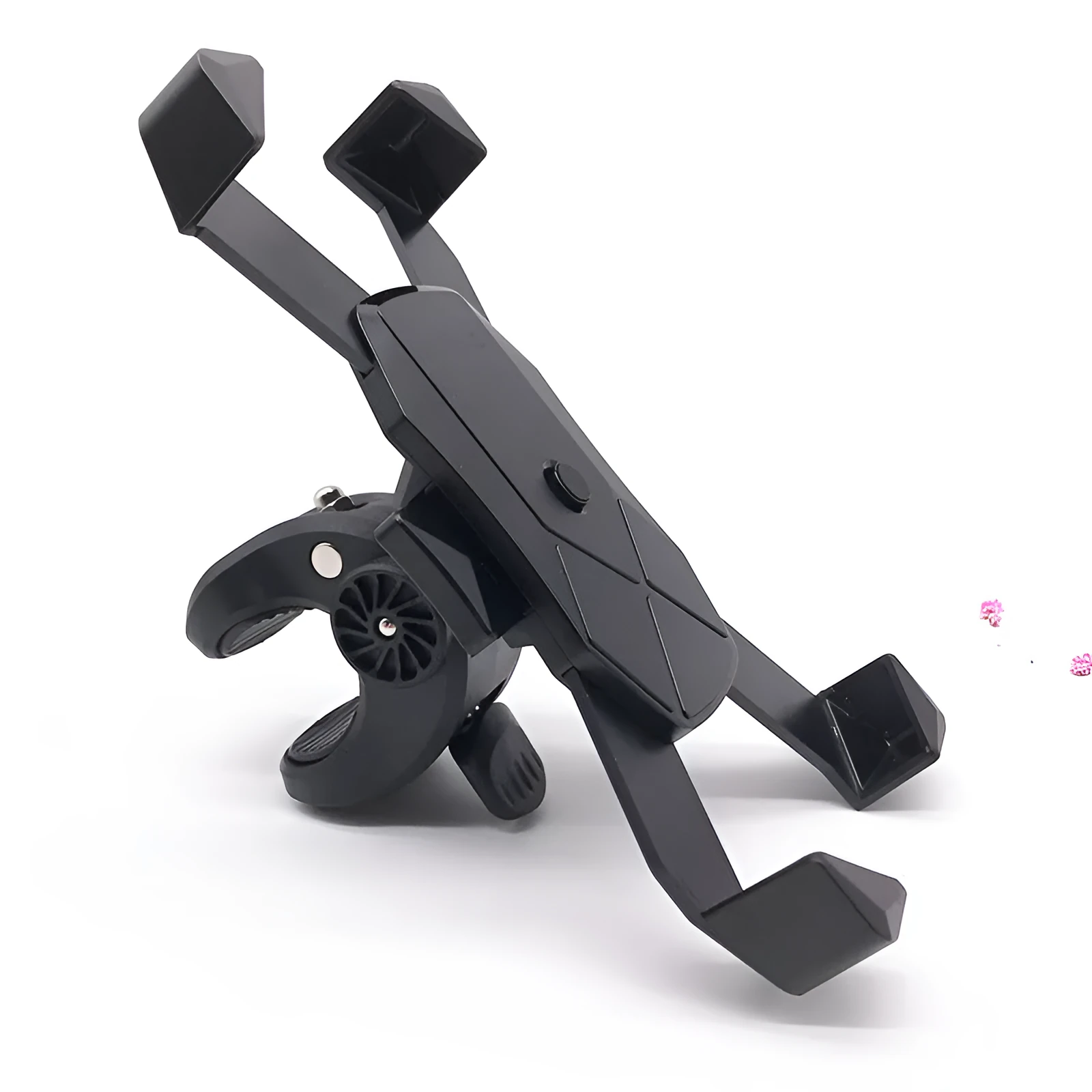Black anti-fall telescopic bicycle phone bracket mounted on handlebar with four-claw grip