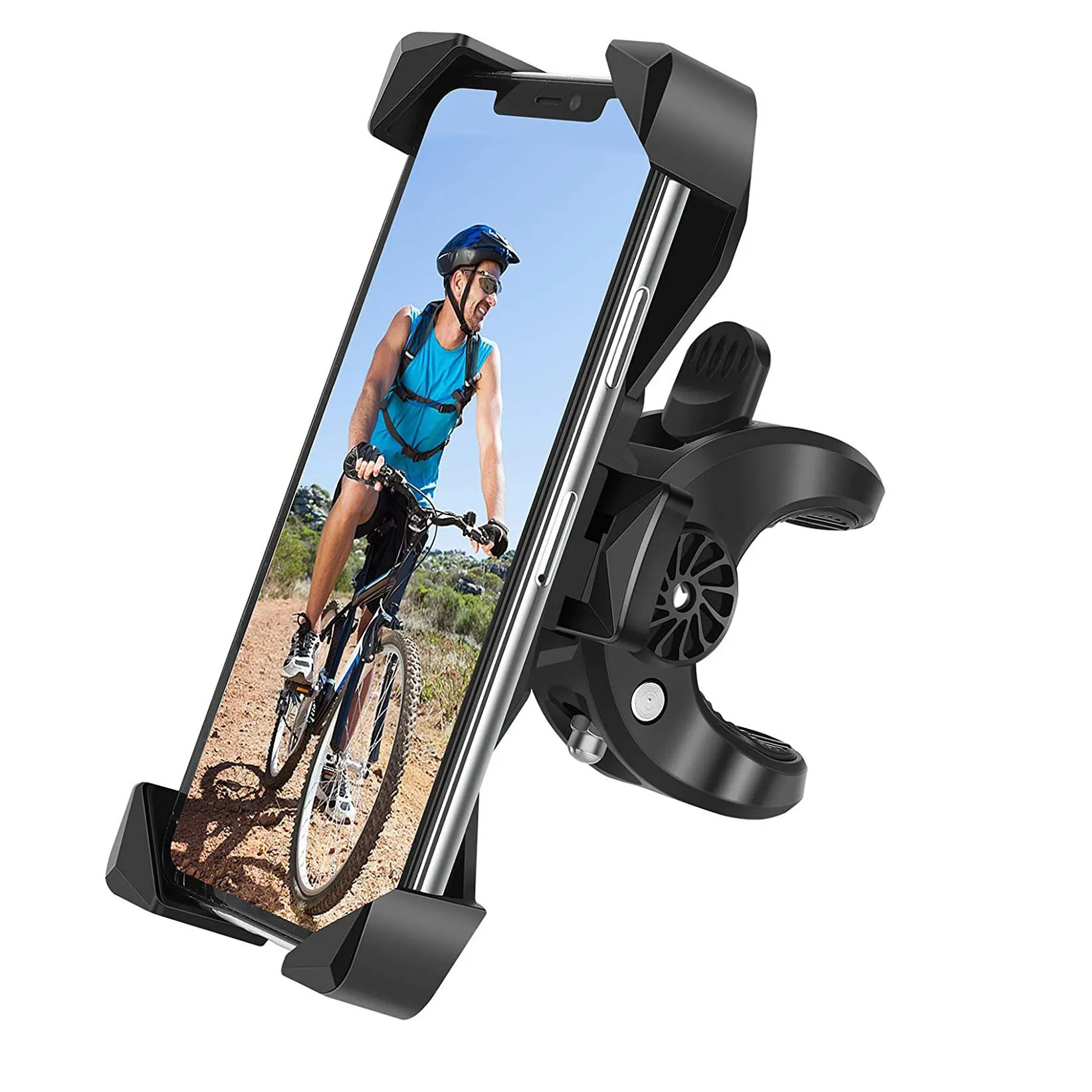 Black anti-fall telescopic bicycle phone bracket mounted on handlebar with four-claw grip