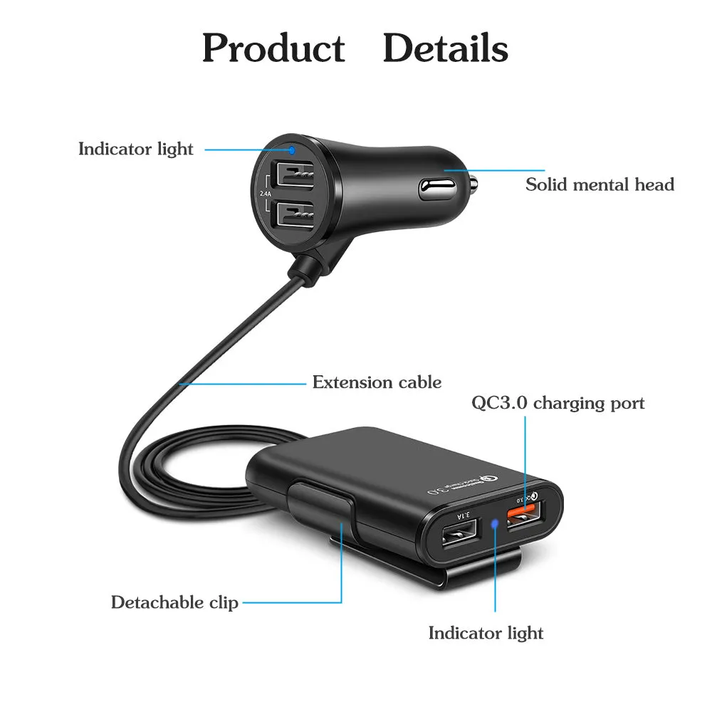 4-port USB car charger with QC3.0, cable, and clip for back seat installation