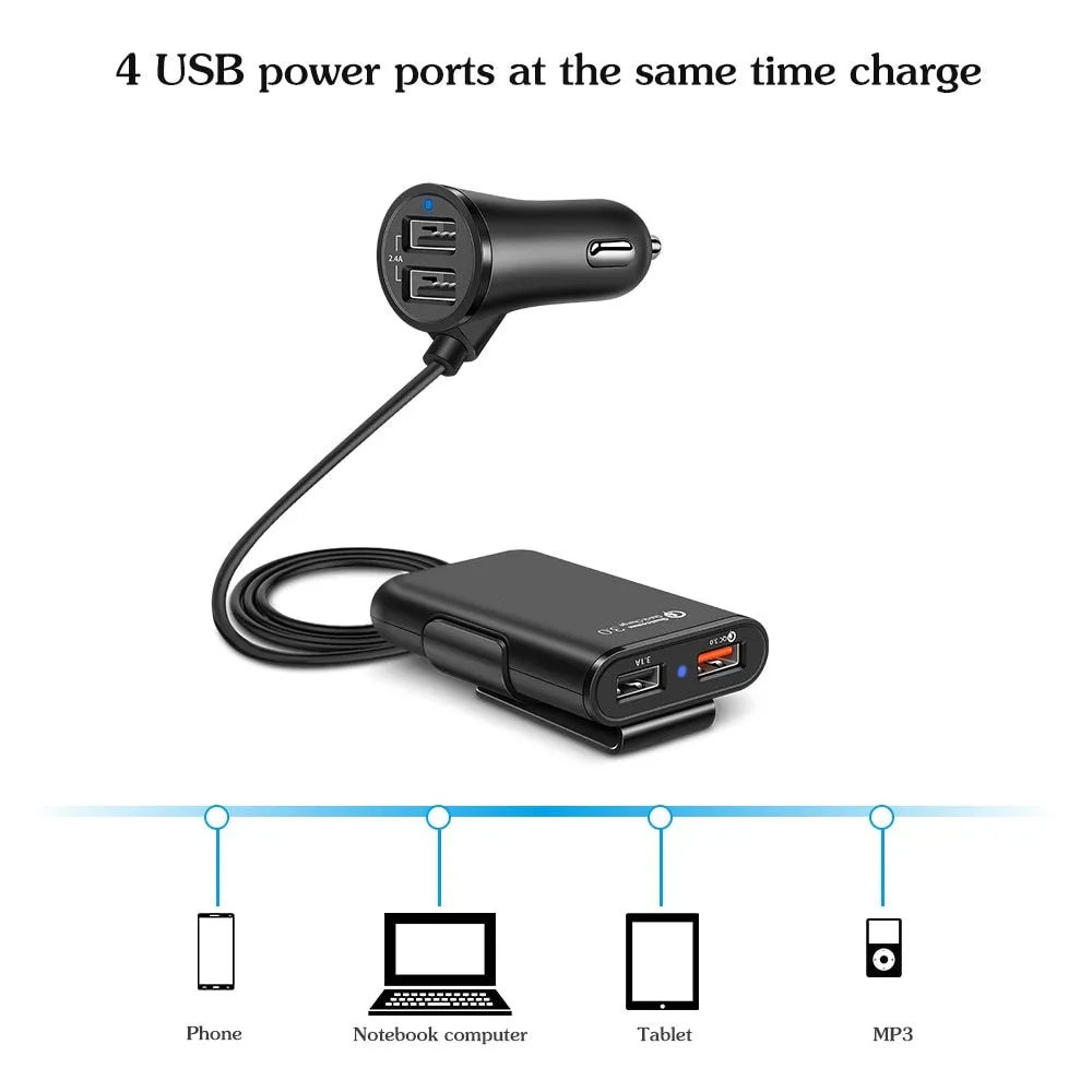 4-port USB car charger with QC3.0, cable, and clip for back seat installation
