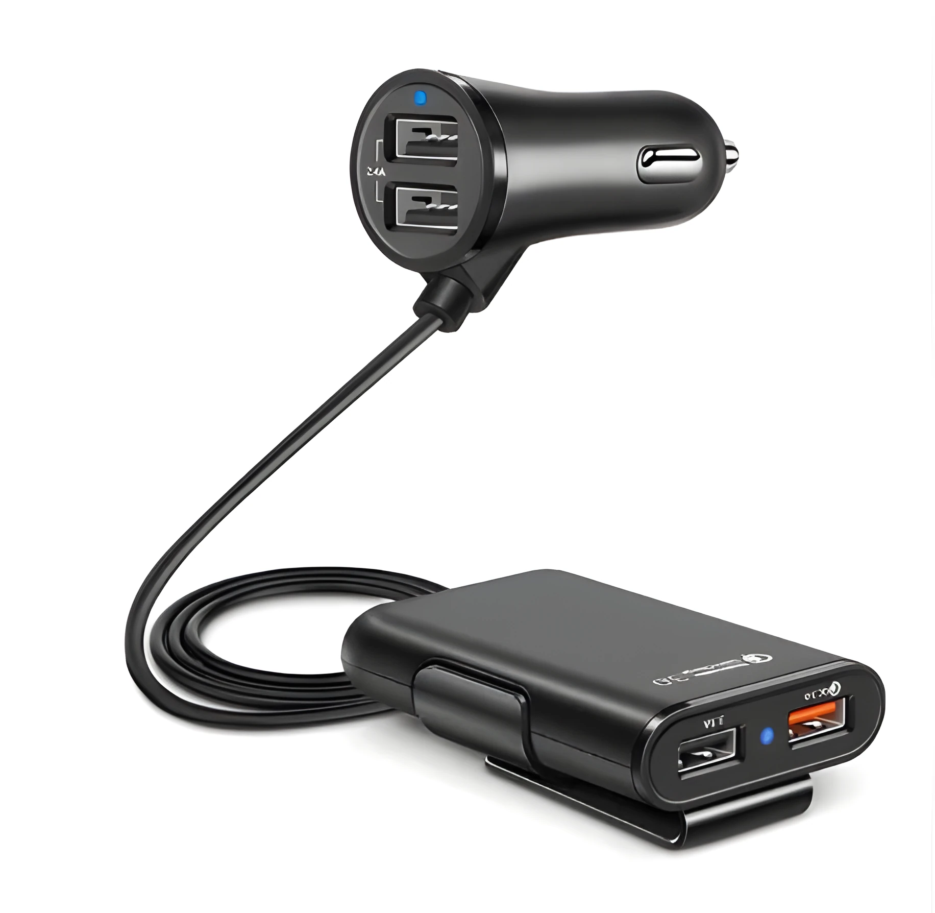 4-port USB car charger with QC3.0, cable, and clip for back seat installation