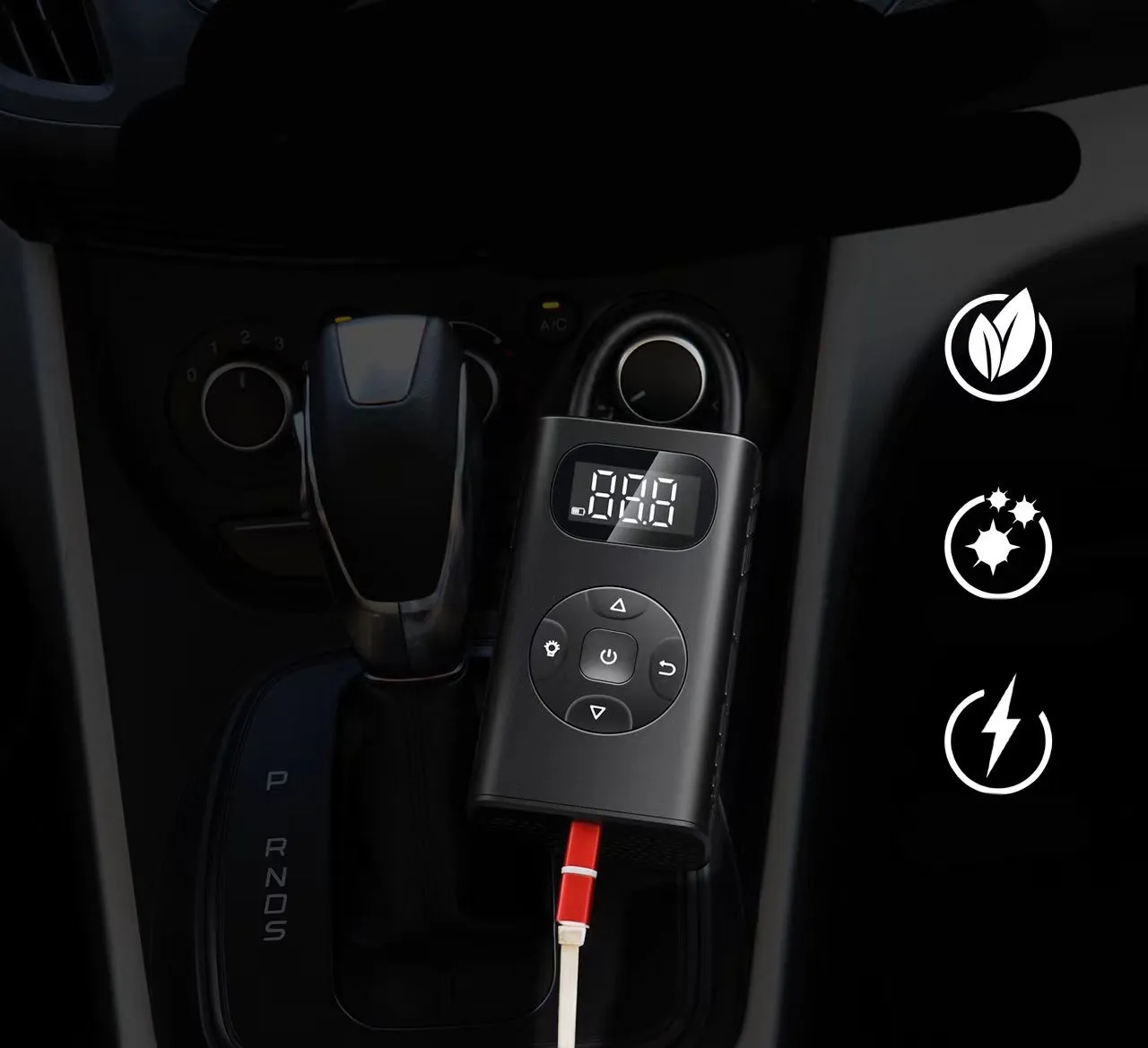 Black aviation aluminium USB rechargeable tyre inflator with digital display and flexible hose.