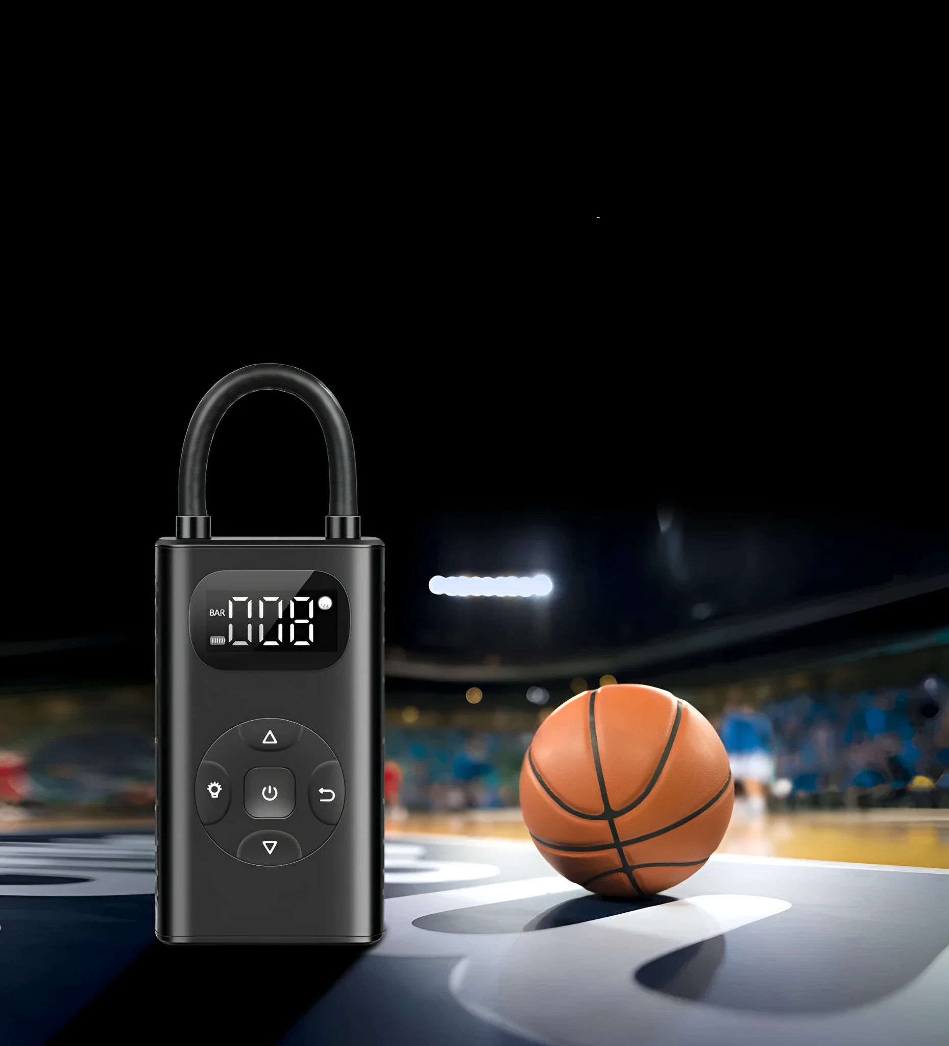 Black aviation aluminium USB rechargeable tyre inflator with digital display and flexible hose.