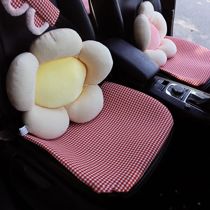 Linen plaid car seat cushion set in pink flower pattern with headrests, backrest, seat belt covers and gear cover