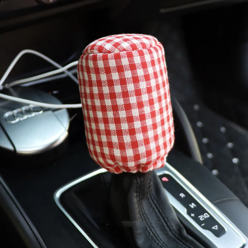 Linen plaid car seat cushion set in pink flower pattern with headrests, backrest, seat belt covers and gear cover