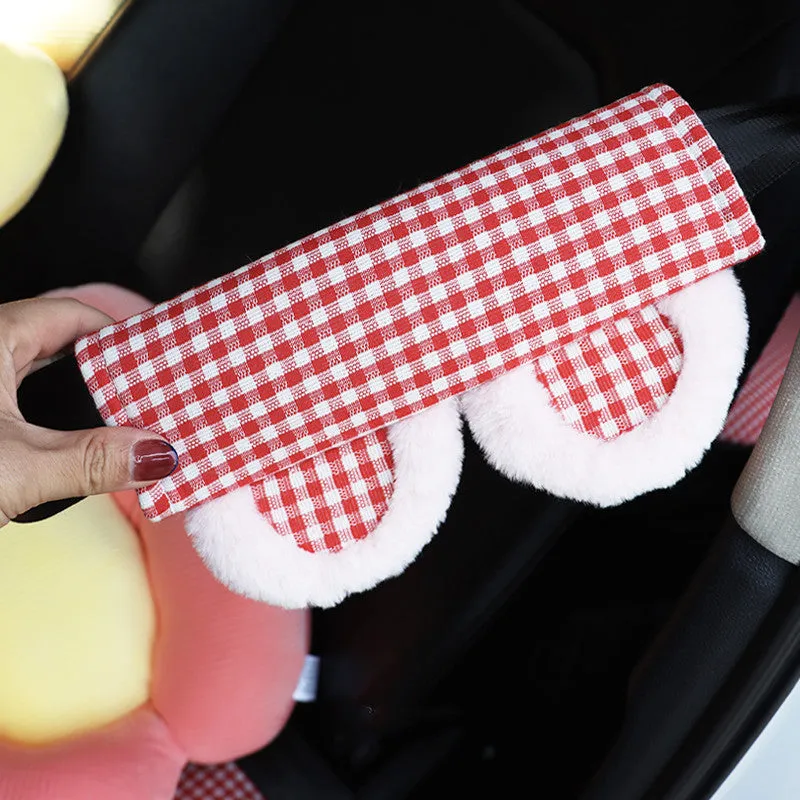Linen plaid car seat cushion set in pink flower pattern with headrests, backrest, seat belt covers and gear cover