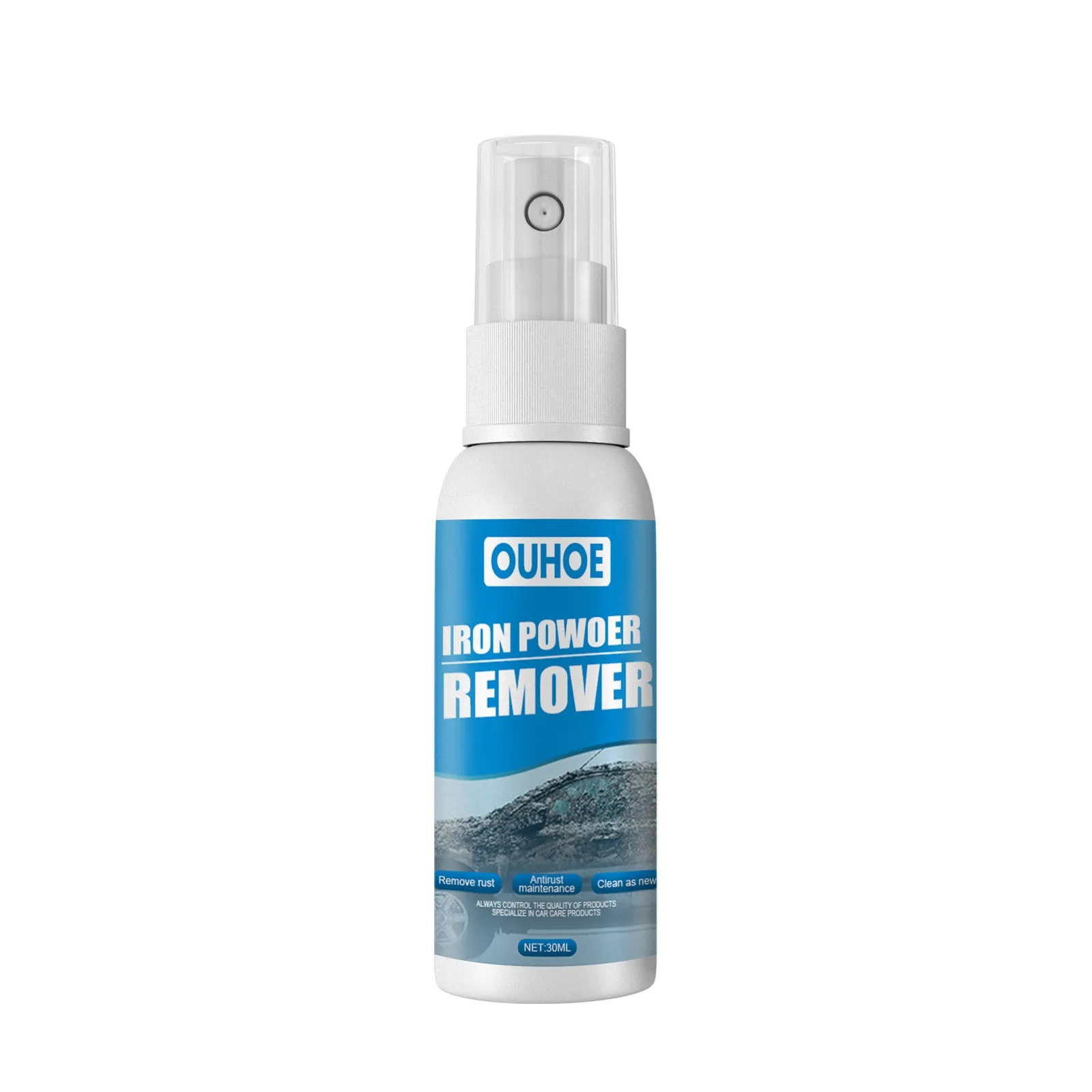 Automotive rust remover spray bottle with blue square sponge applicator for car surface treatment