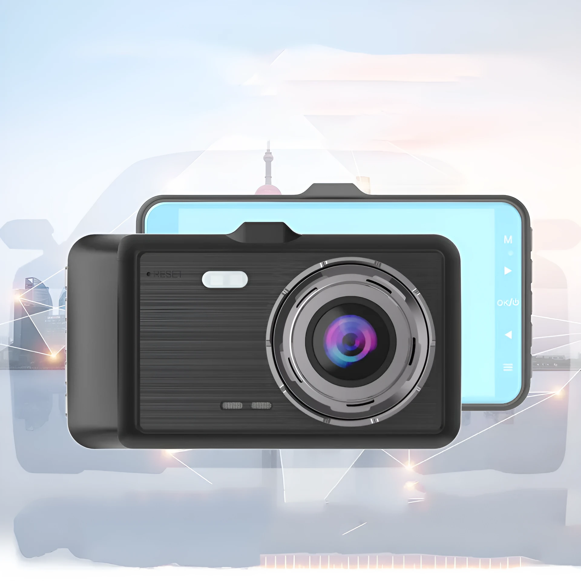 HD dual-lens driving recorder with 4-inch screen mounted on car windscreen