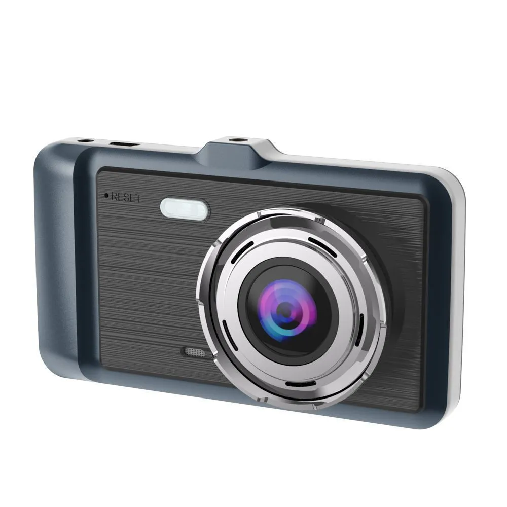 HD dual-lens driving recorder with 4-inch screen mounted on car windscreen