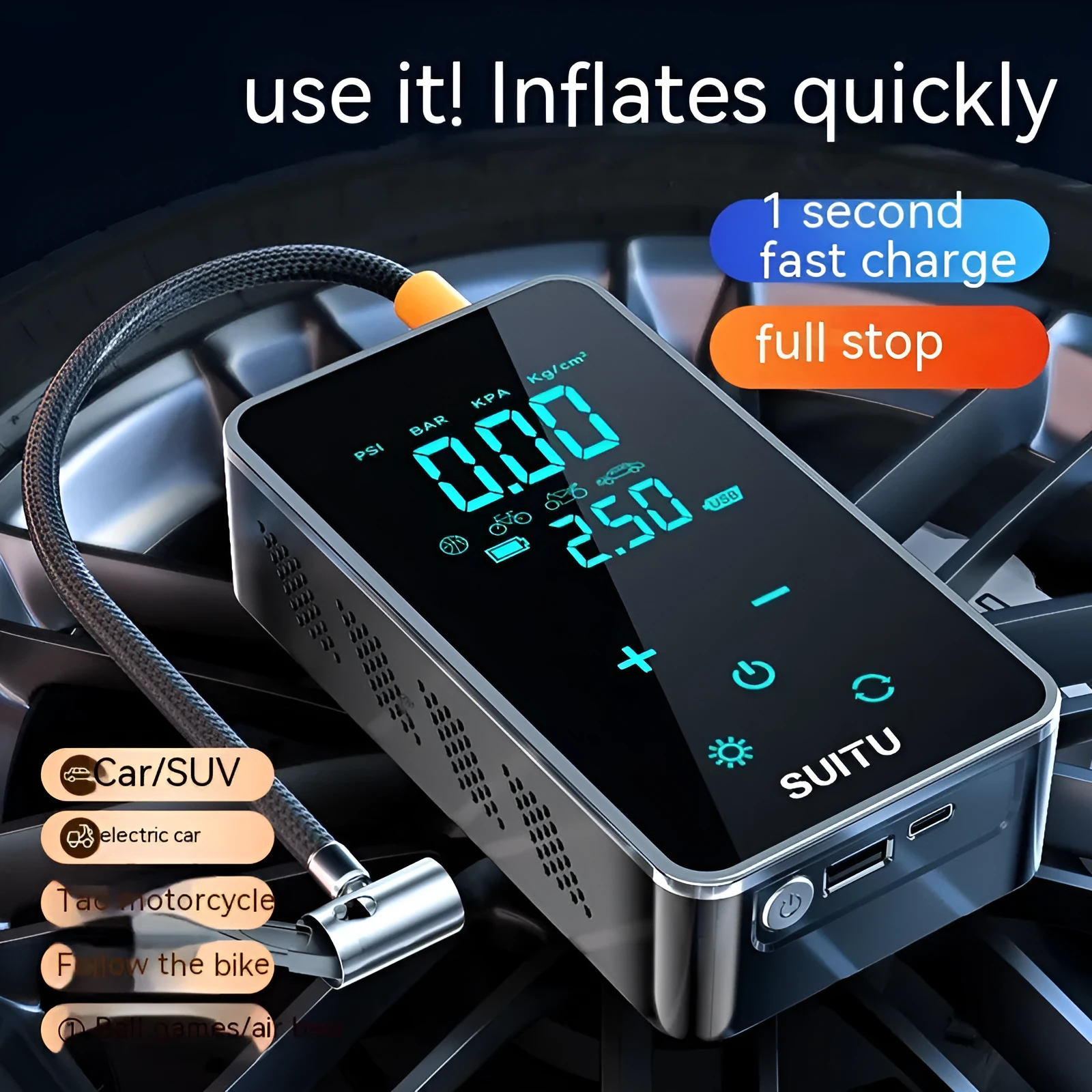 ST-9616C wireless portable tyre inflator pump with LCD screen on black ABS body