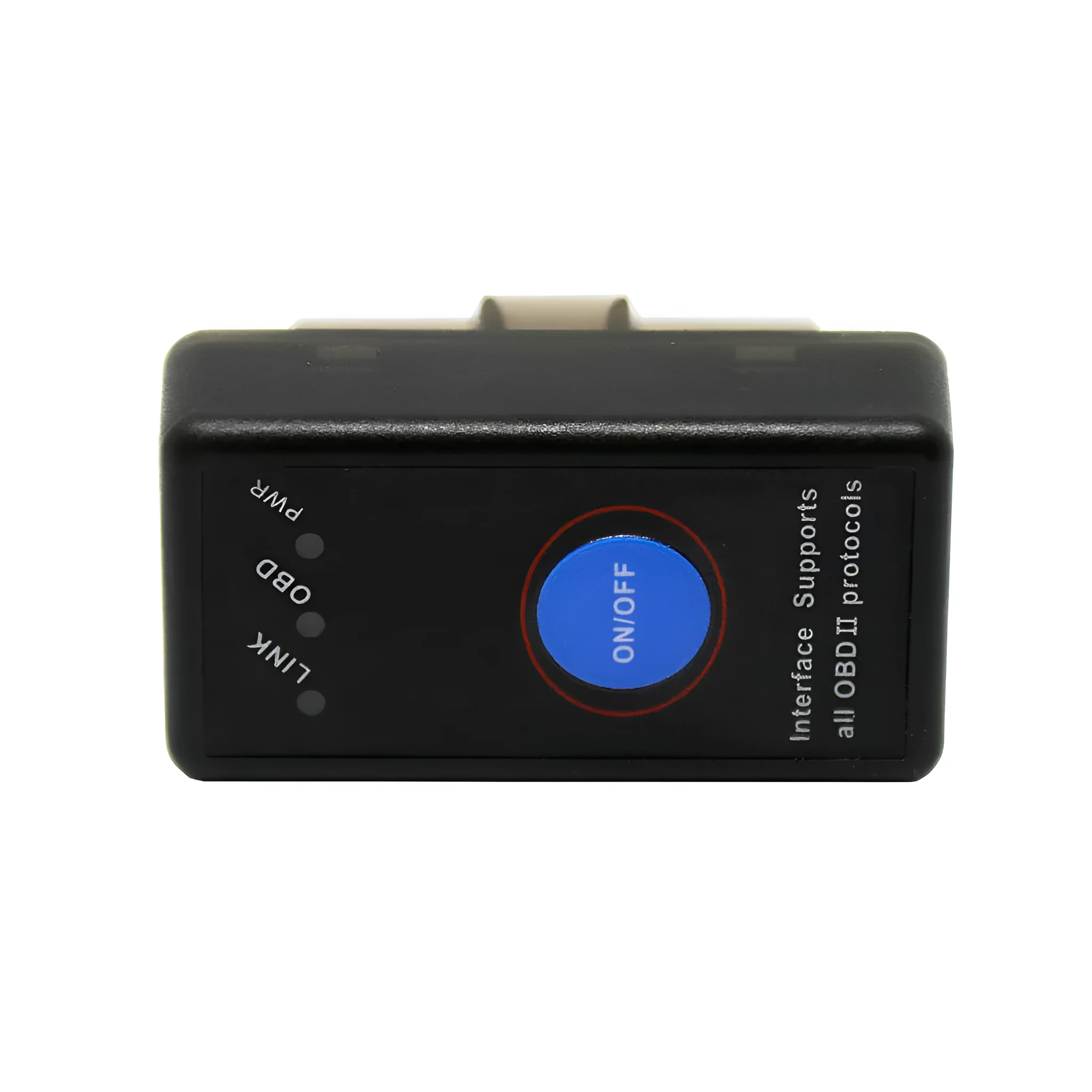 Bluetooth ELM327 OBD2 car fault diagnostic detector in black with switch; 43mm by 25mm by 23mm