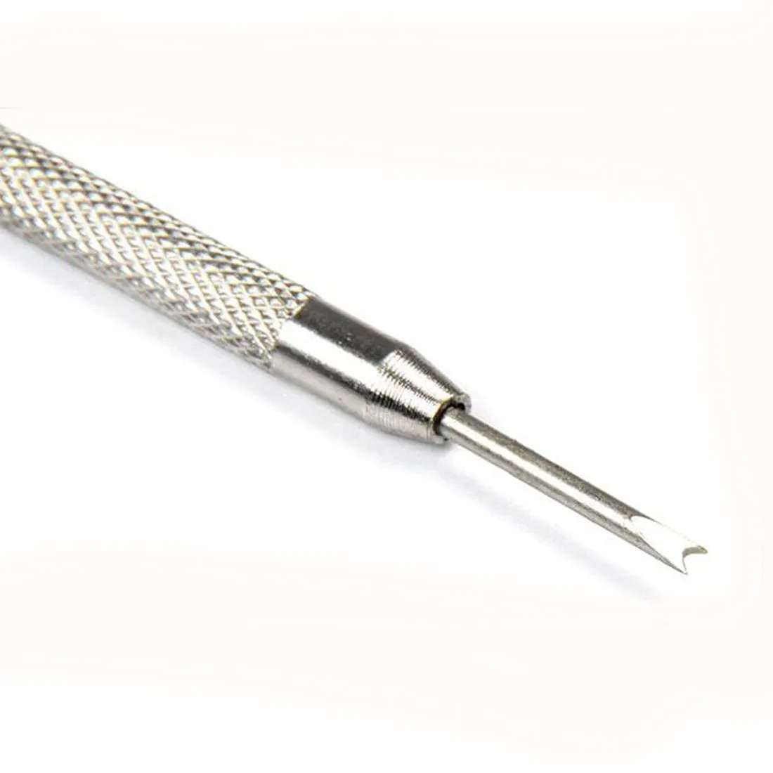 Stainless steel spring bar remover tool with V-edged and push-pin tips, 8.5cm length, on a grey background