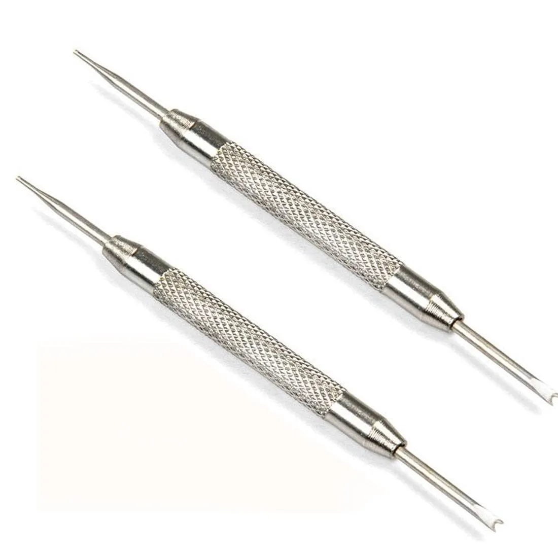 Stainless steel spring bar remover tool with V-edged and push-pin tips, 8.5cm length, on a grey background