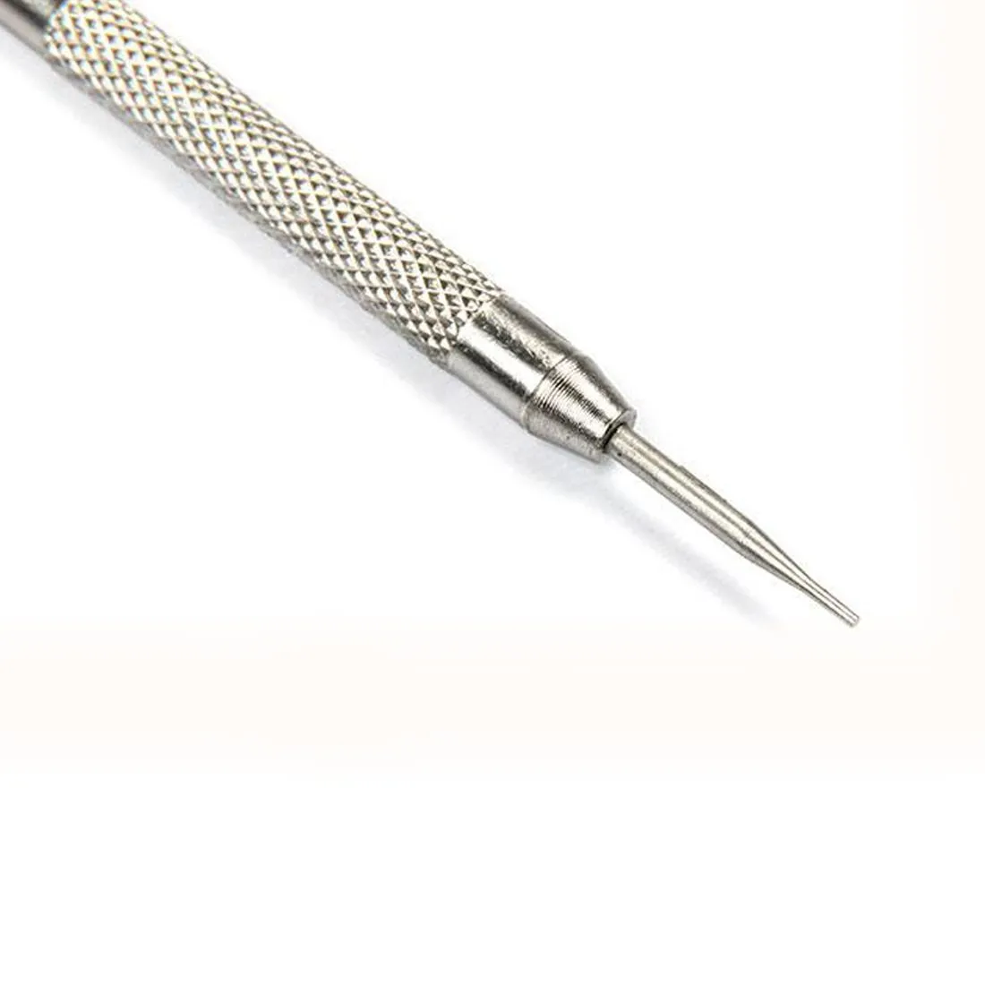 Stainless steel spring bar remover tool with V-edged and push-pin tips, 8.5cm length, on a grey background