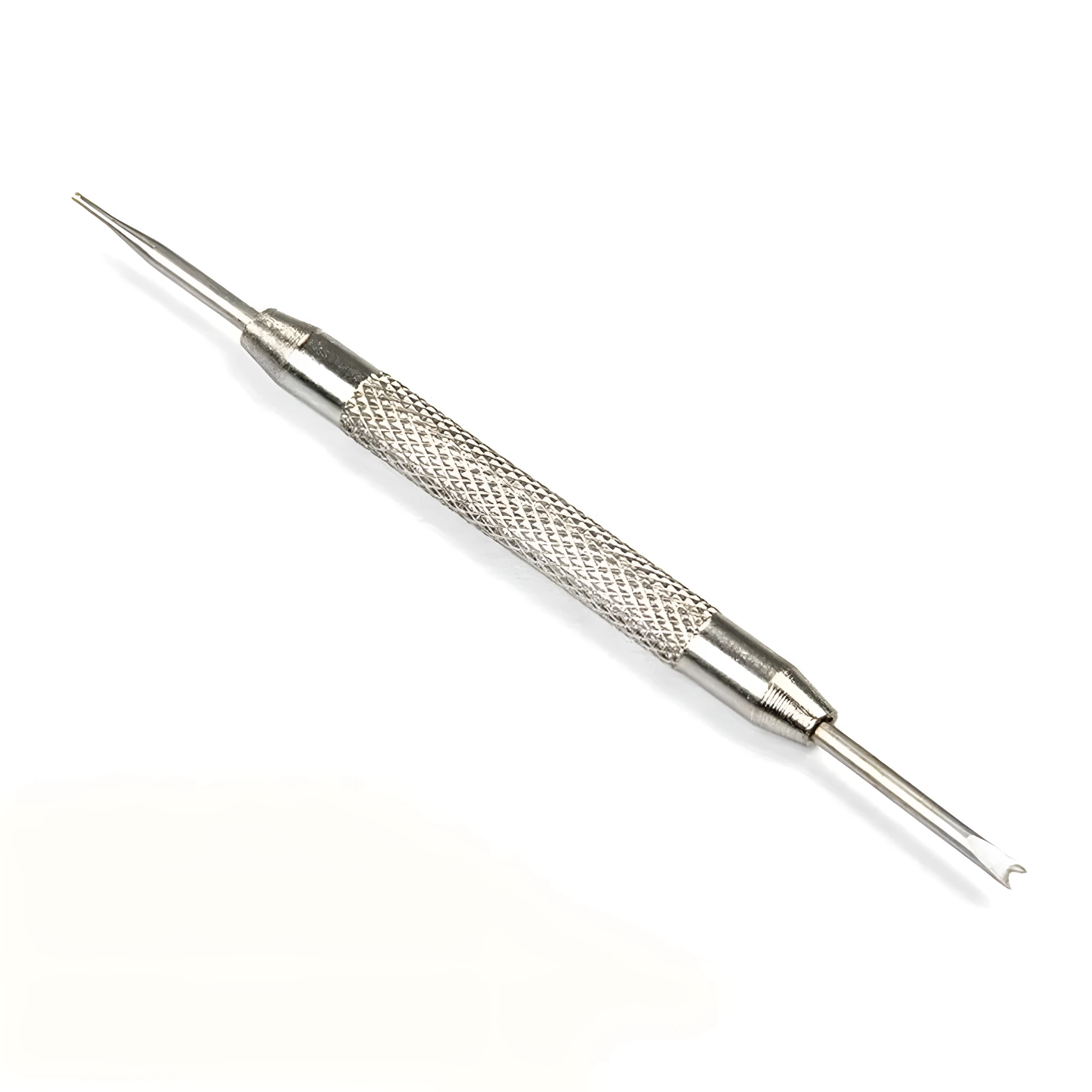 Stainless steel spring bar remover tool with V-edged and push-pin tips, 8.5cm length, on a grey background