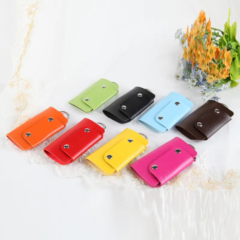 Soft PU leather colour button key case in square vertical section with key bit and cover opening in plain Korean style