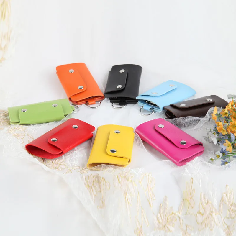 Soft PU leather colour button key case in square vertical section with key bit and cover opening in plain Korean style
