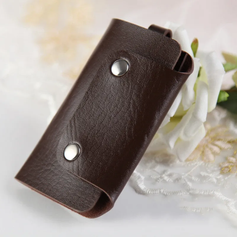Soft PU leather colour button key case in square vertical section with key bit and cover opening in plain Korean style
