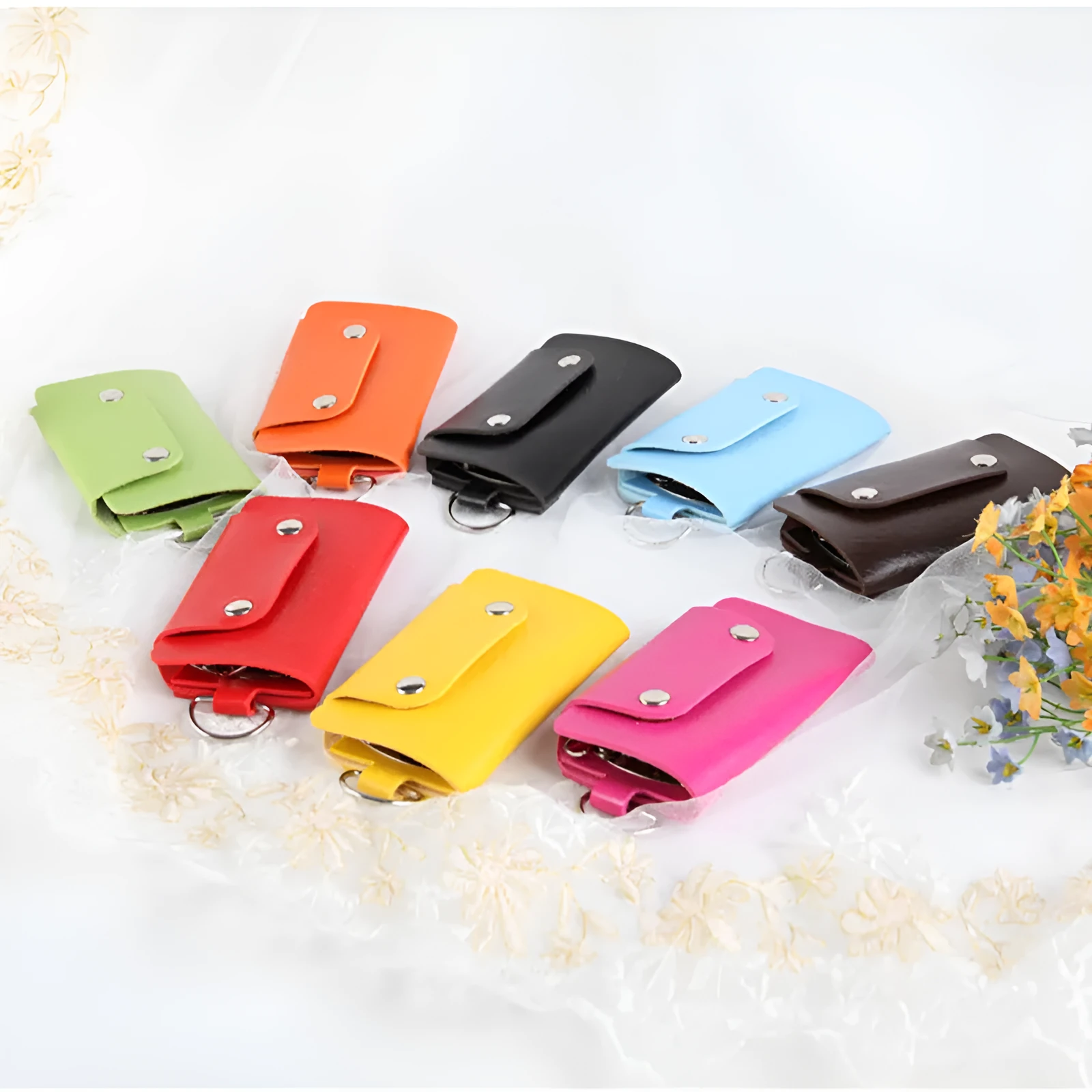 Soft PU leather colour button key case in square vertical section with key bit and cover opening in plain Korean style