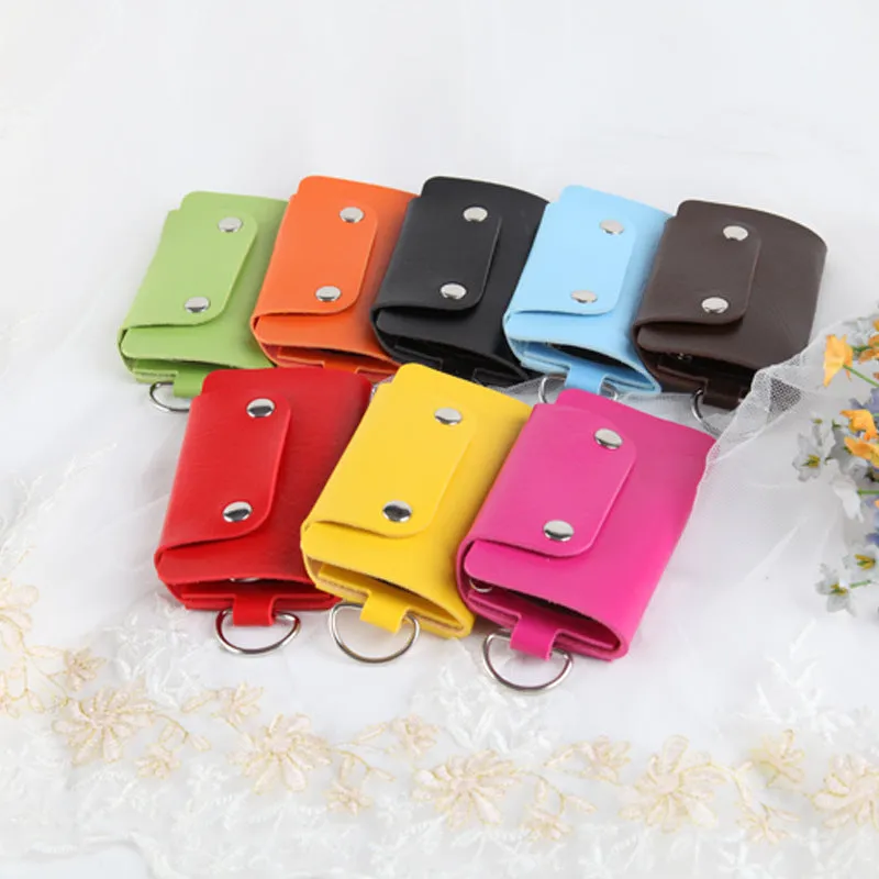 Soft PU leather colour button key case in square vertical section with key bit and cover opening in plain Korean style