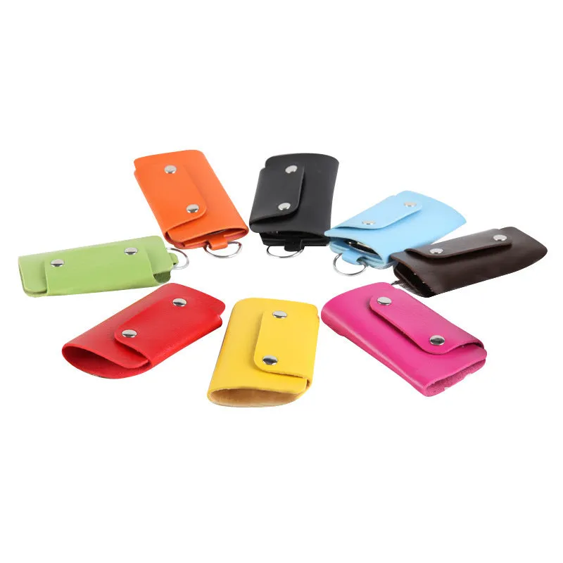 Soft PU leather colour button key case in square vertical section with key bit and cover opening in plain Korean style