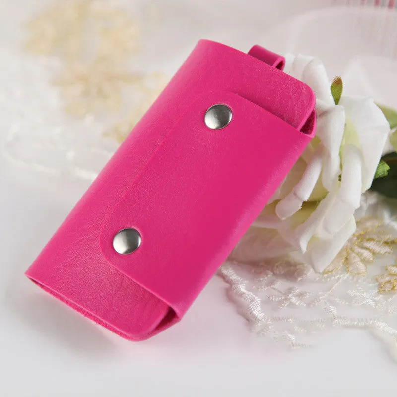 Soft PU leather colour button key case in square vertical section with key bit and cover opening in plain Korean style