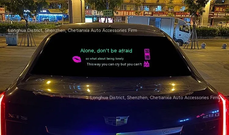 Long rectangular car rhythm lamp with electroluminescent panel showing colourful music-reactive light patterns
