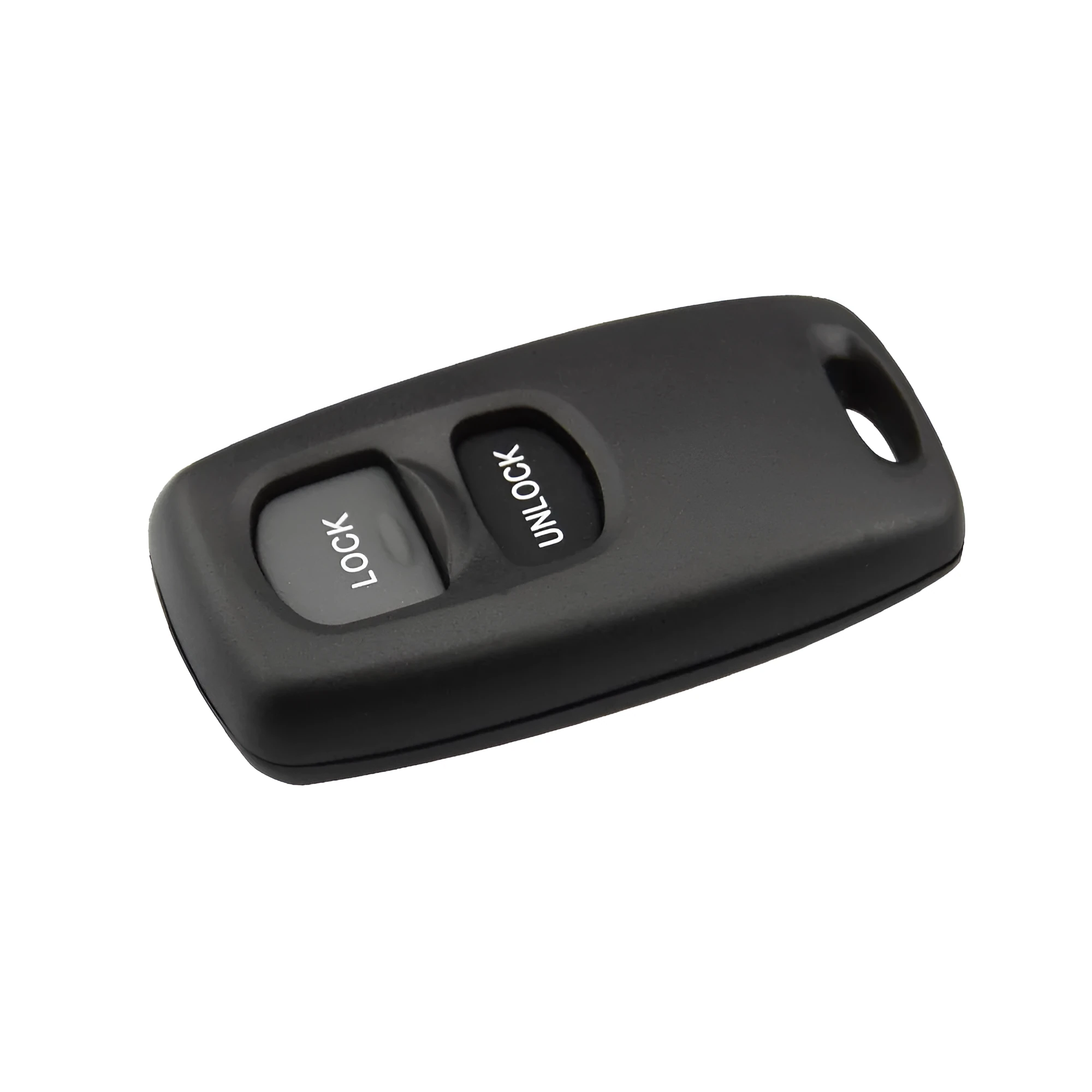 Black Mazda two button remote control shell with copper key blade and button skin