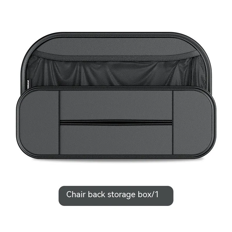 Black leather car seat storage bag with customisable compartments mounted on vehicle seatback