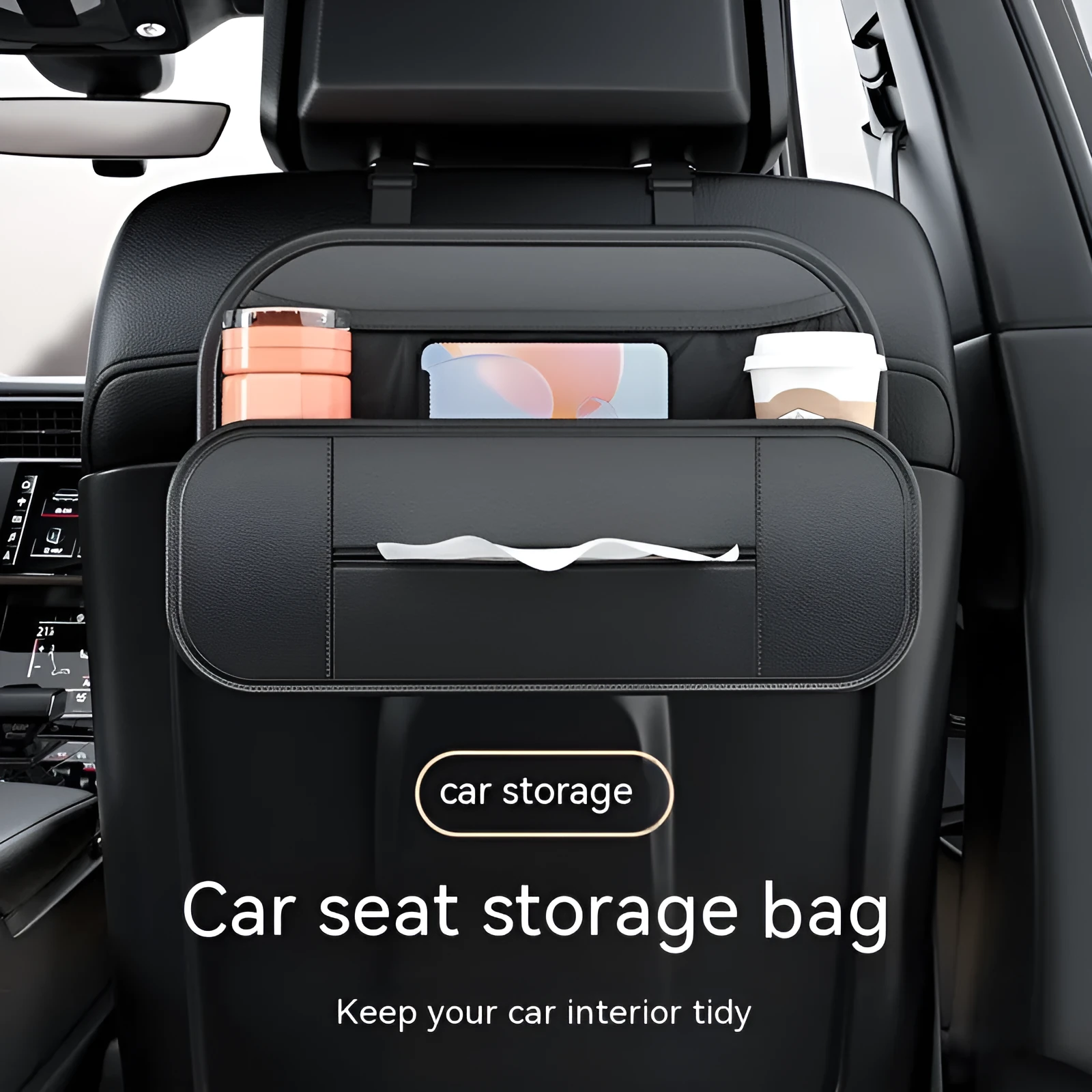 Black leather car seat storage bag with customisable compartments mounted on vehicle seatback