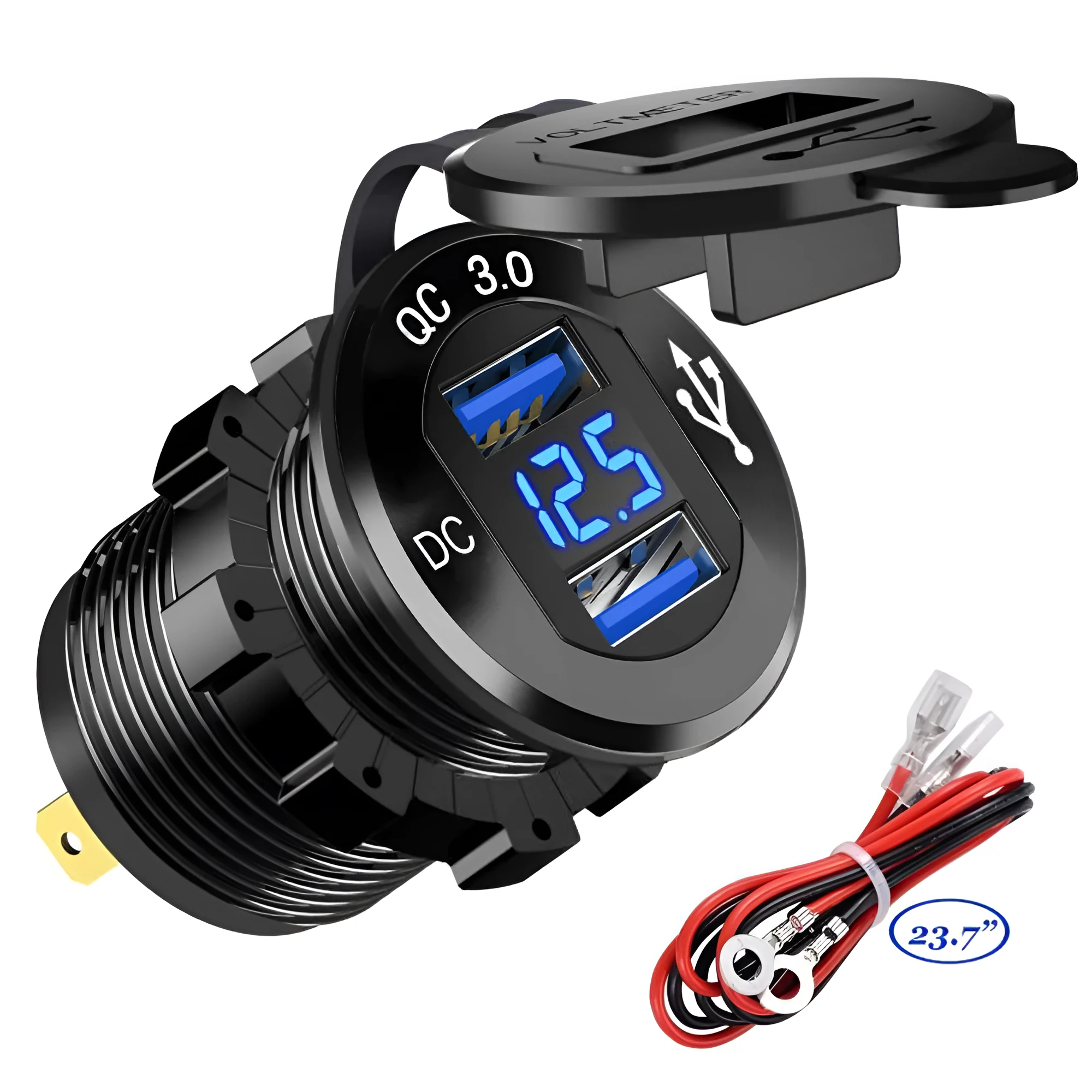 Black aluminium alloy QC3.0 fast charge car charger with single USB port and blue indicator light