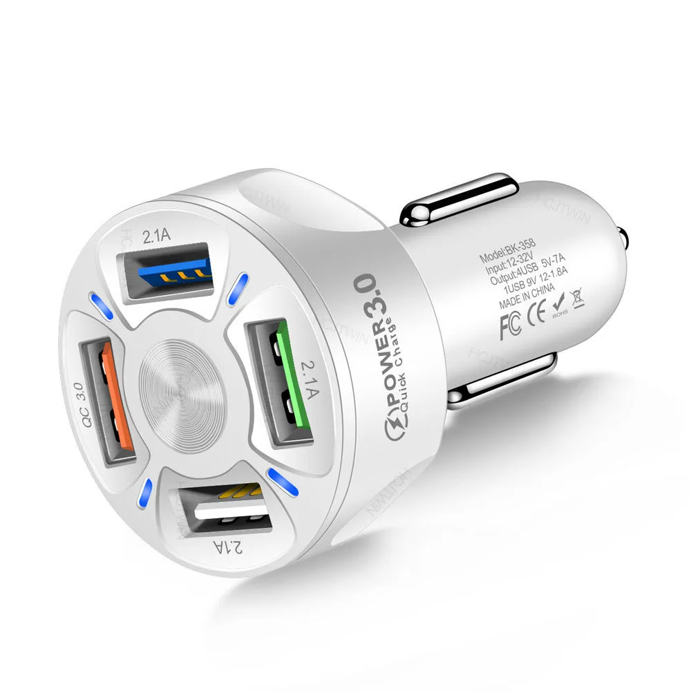 Fast charge car charger 4 USB ports QC3.0 3A ABS black white 3.8x3.8x7cm