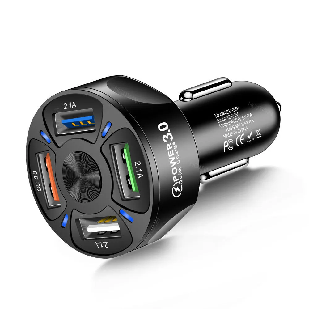 Fast charge car charger 4 USB ports QC3.0 3A ABS black white 3.8x3.8x7cm