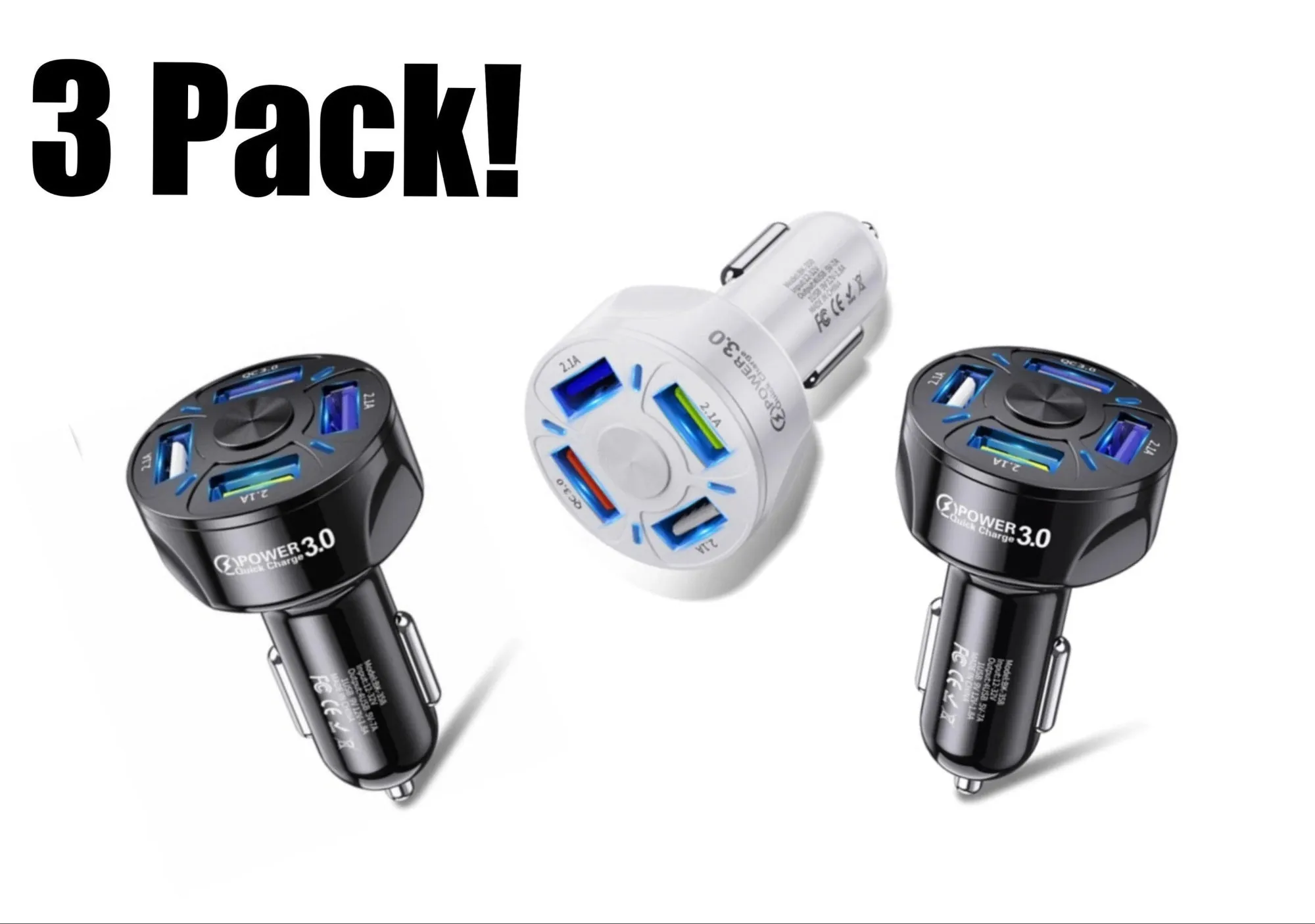 Fast charge car charger 4 USB ports QC3.0 3A ABS black white 3.8x3.8x7cm