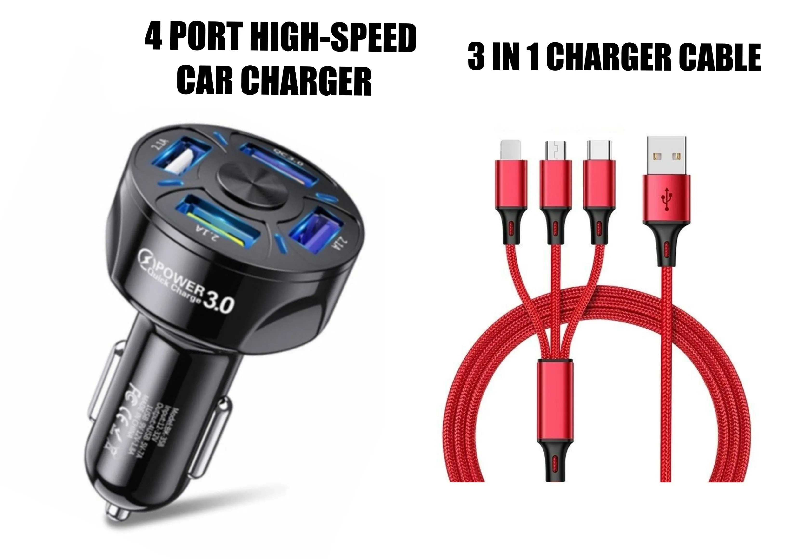 Fast charge car charger 4 USB ports QC3.0 3A ABS black white 3.8x3.8x7cm