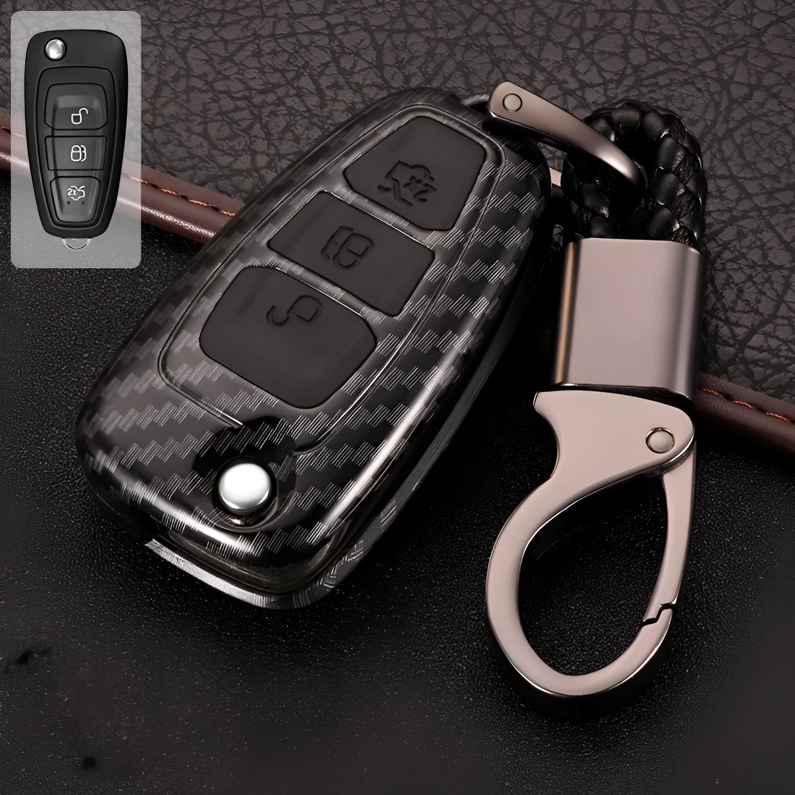 Ford car key cover in carbon fibre black, silicone ABS shell, 52mm size