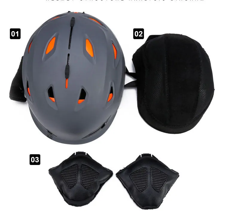 Adult ski helmet with EPS and PC shell in black, grey, and white options, sizes M and L for head circumference 57-62cm