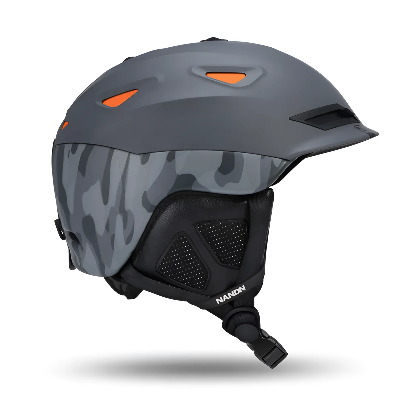 Adult ski helmet with EPS and PC shell in black, grey, and white options, sizes M and L for head circumference 57-62cm