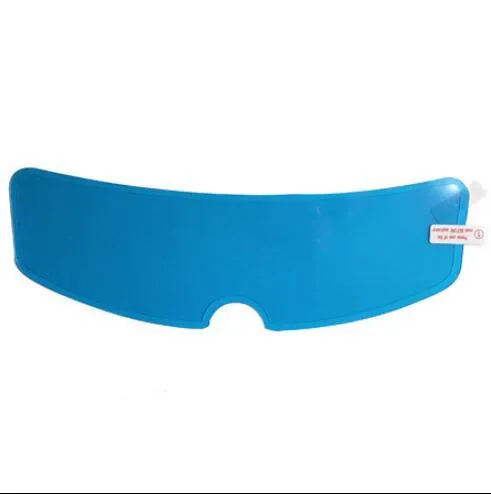 Blue motorcycle helmet waterproof rainproof anti-fog film with nano ceramic scratch resistant layer on a table.