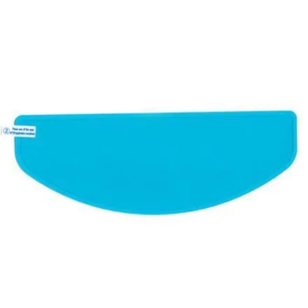 Blue motorcycle helmet waterproof rainproof anti-fog film with nano ceramic scratch resistant layer on a table.