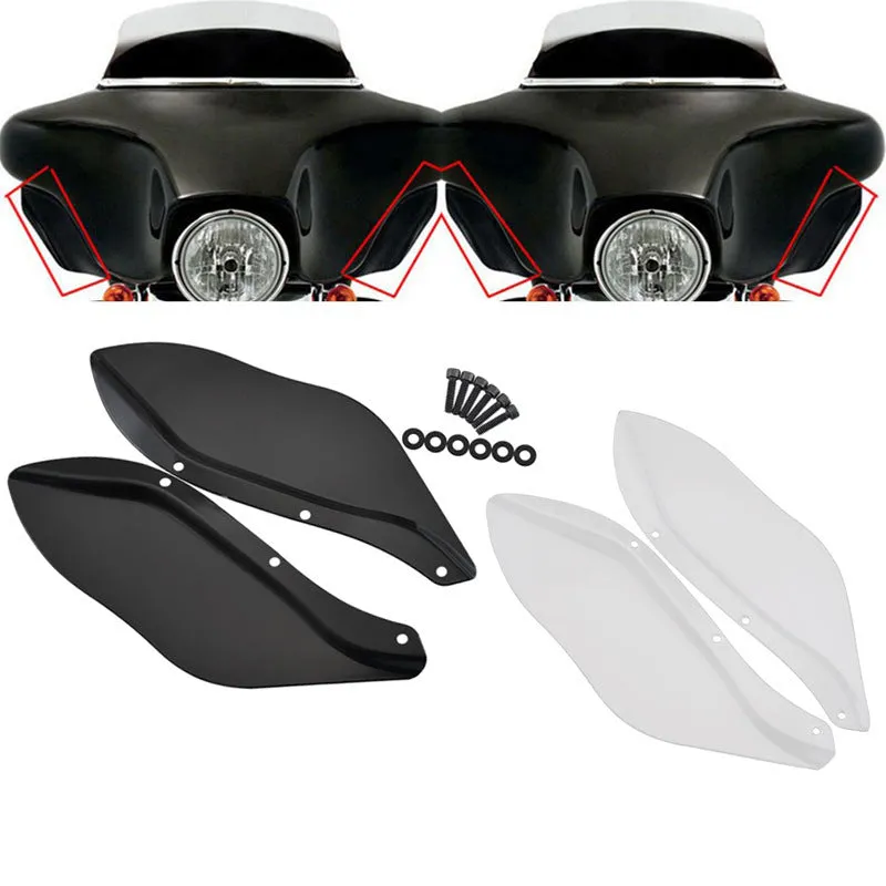 A pair of black and transparent ABS plastic side wing head covers for a Harley-Davidson Touring motorcycle.