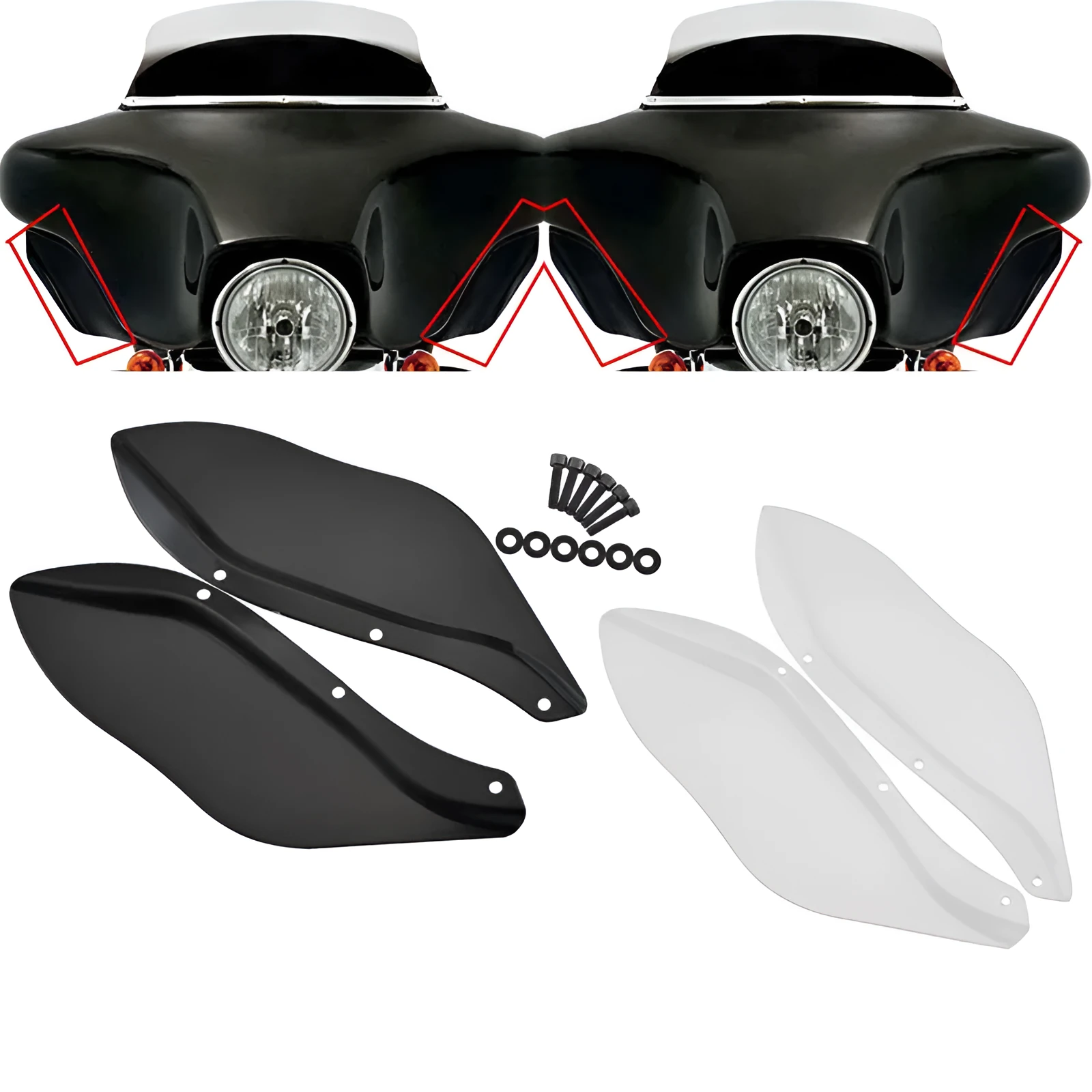A pair of black and transparent ABS plastic side wing head covers for a Harley-Davidson Touring motorcycle.