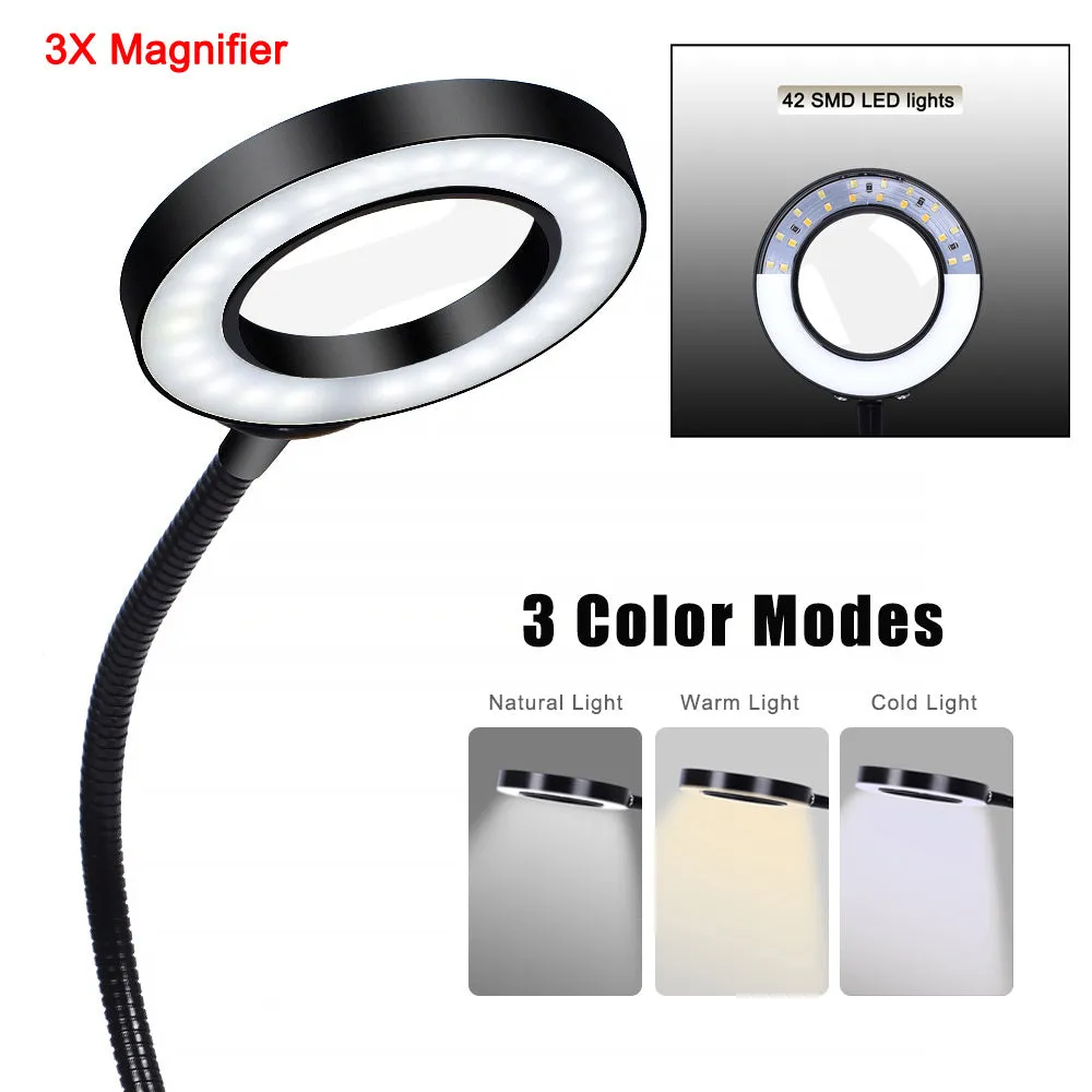 LED magnifying glass soldering station with 3x magnification, 42 SMD lights, and flexible arm on aluminium base