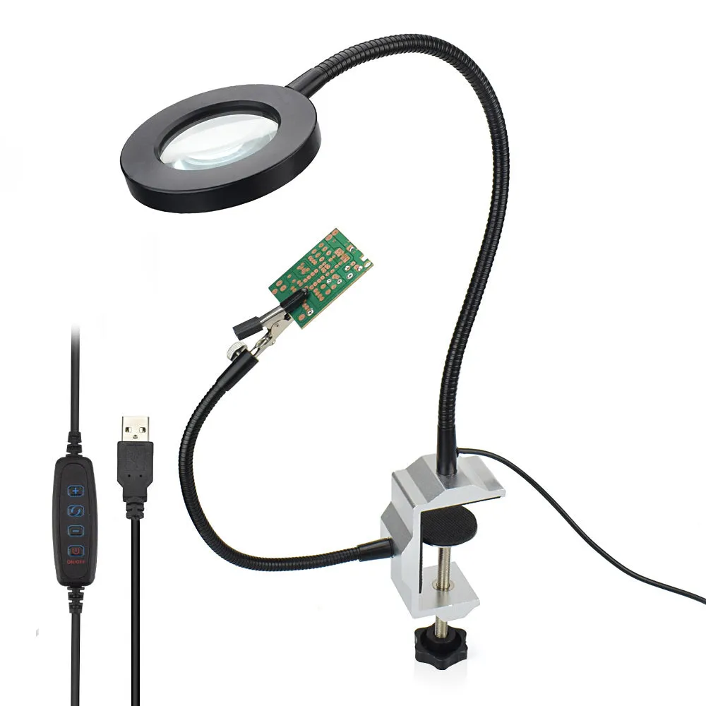 LED magnifying glass soldering station with 3x magnification, 42 SMD lights, and flexible arm on aluminium base