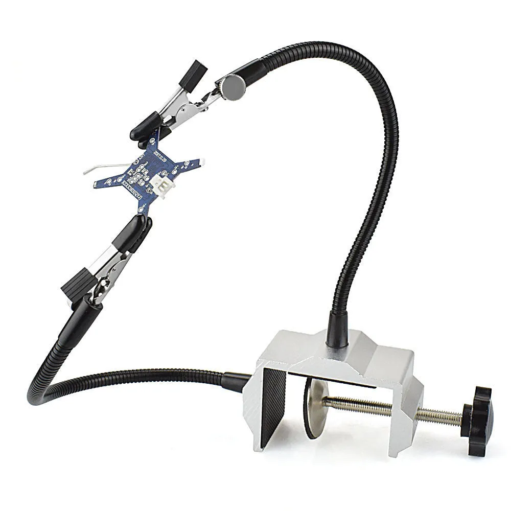 LED magnifying glass soldering station with 3x magnification, 42 SMD lights, and flexible arm on aluminium base