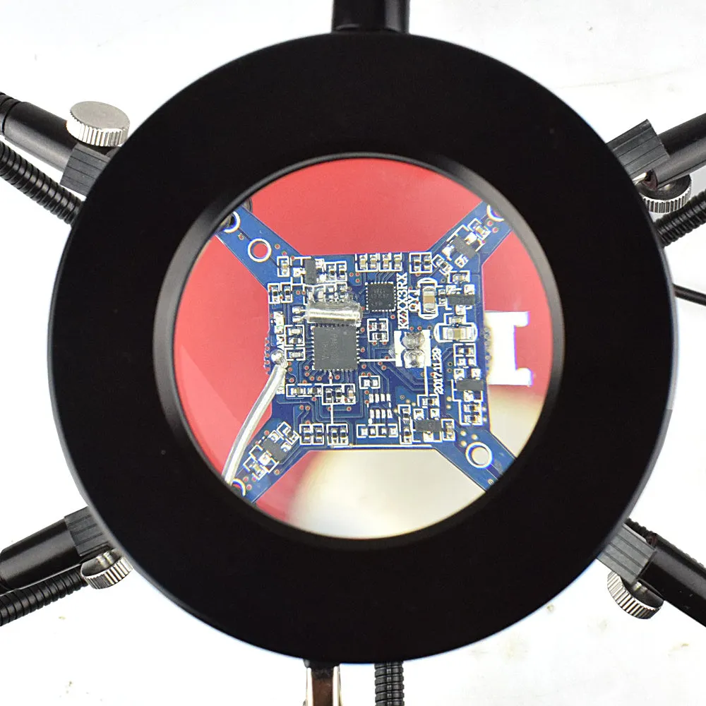LED magnifying glass soldering station with 3x magnification, 42 SMD lights, and flexible arm on aluminium base