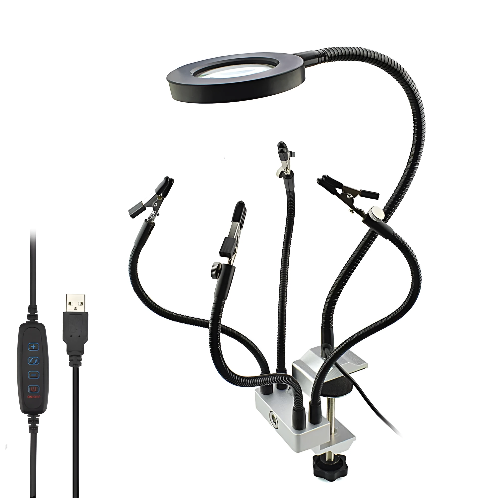 LED magnifying glass soldering station with 3x magnification, 42 SMD lights, and flexible arm on aluminium base