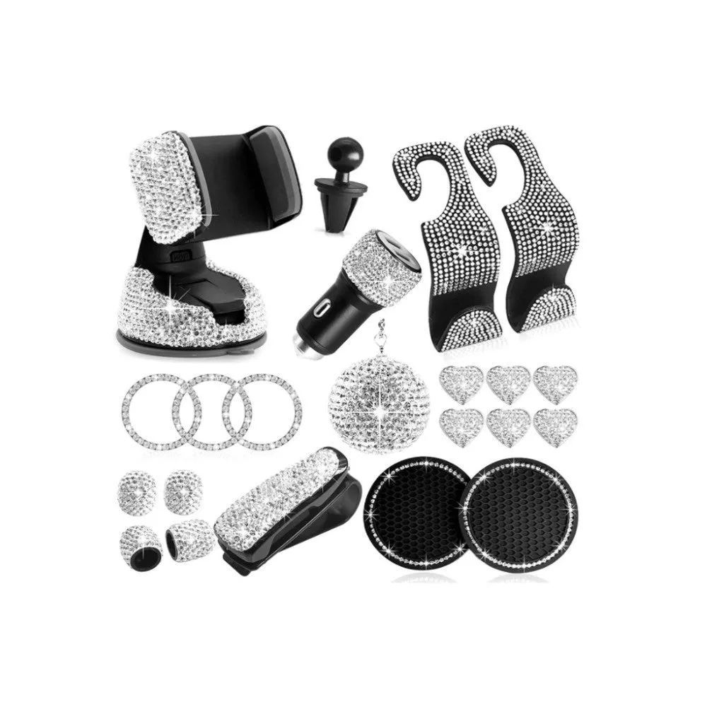 White rhinestone car interior accessories set in cardboard box